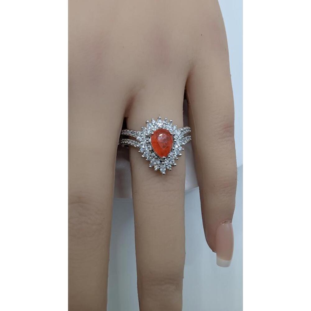 Silver Ring with Orange Gemstone and Clear Accent Stones, Size 8 - Picture 8 of 9
